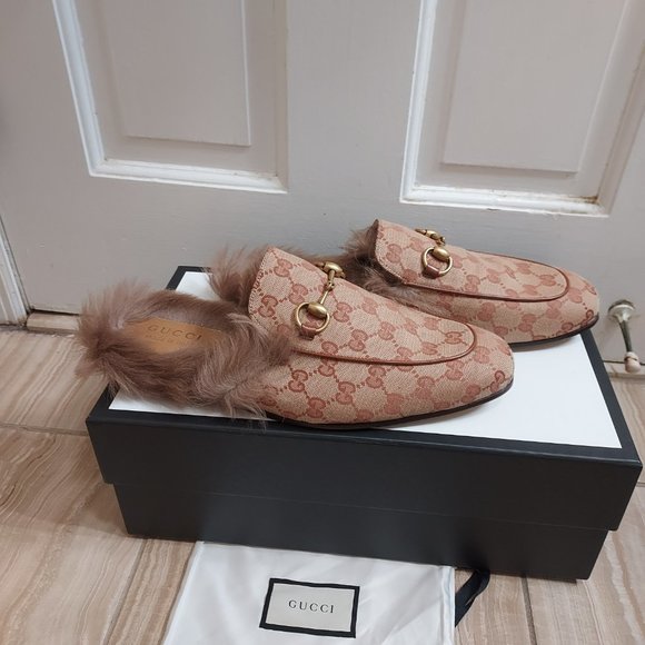 Gucci Beige GG Monogram Fur Princetown Mens Mules - Picture 10 of 10